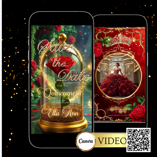 Beauty and the Beast Red Rose Video Invite | Digital Princess Quinceanera Invite | Editable Canva Evite Template