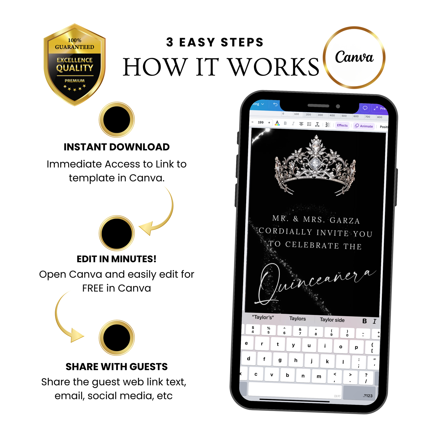 Silver Quinceanera Video Invite | Animated Sweet 15 16 Quince Evite | Editable Canva Evite Template