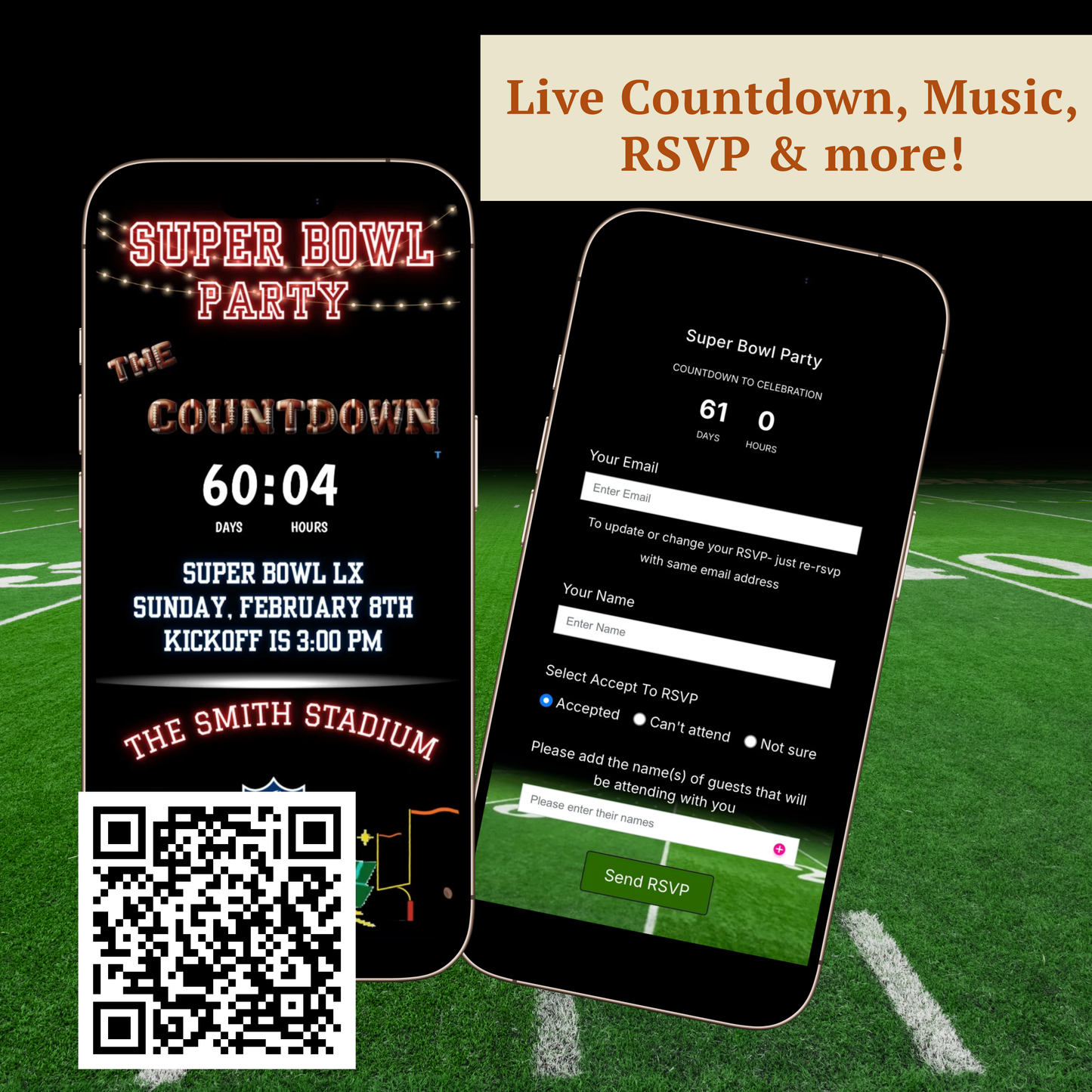 Super Bowl LX Video Invitation and RSVP Website | Game Day Party Invite | Digital Football Invite Template