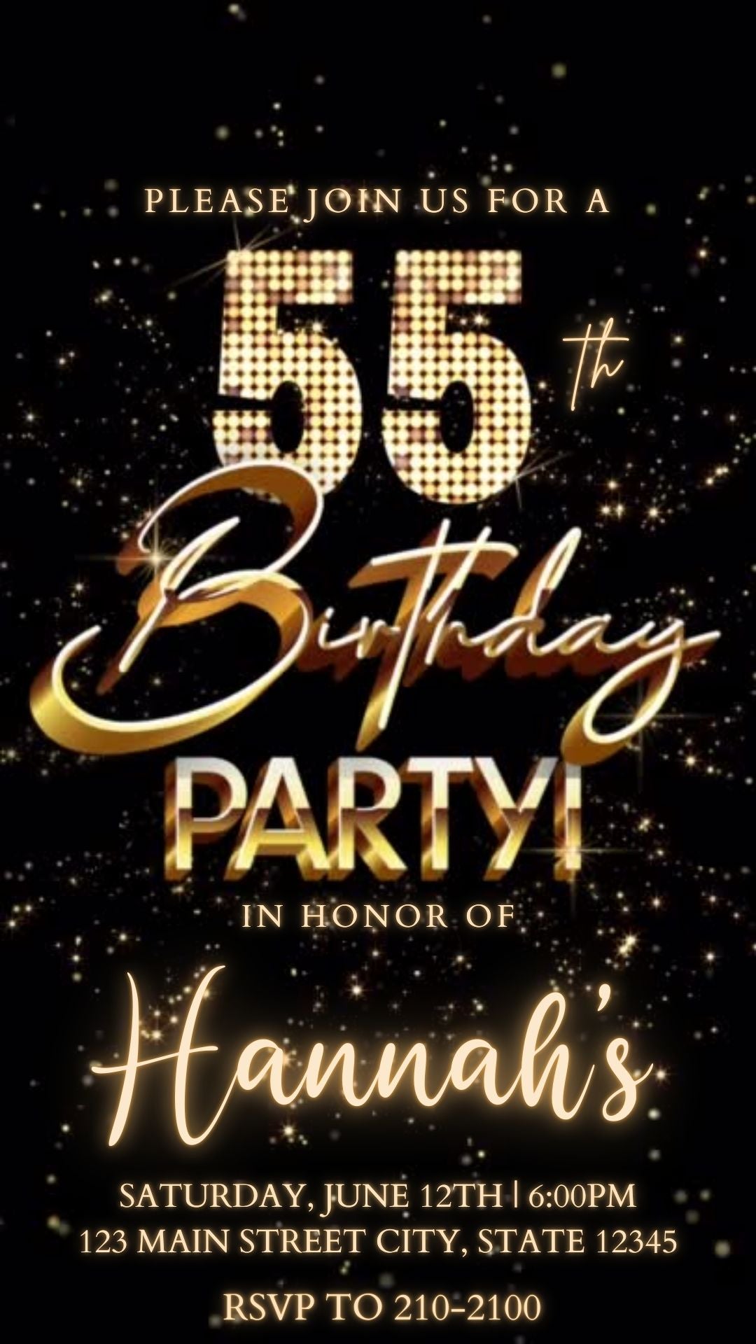 Editable gold fireworks 55th birthday video invitation displayed on a mobile phone, featuring an animated vertical digital invite with music, created in Canva. This premium video invitation template is designed for sharing by text, email, and social media and works with an interactive RSVP website for easy guest response tracking.