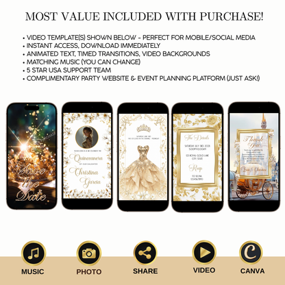 White and Gold Quinceañera Invitation | Royal Princess Video Invite with RSVP Website | Editable Canva Template | Elegant Gold Dress Sweet 16 Digital Evite