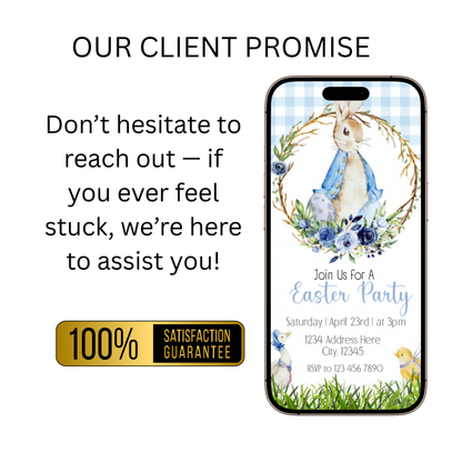 Bearbeitbare Vintage-Einladung mit Hasenmotiv, Märchenbuch-Hasenparty-Einladung, blau-weiß kariert, digital, Ostern, Geburtstag, Babyparty, Teeparty, bearbeitbare E-Einladung