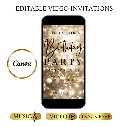 Gold Video Invitation | Animated Birthday Digital Evite | Editable Canva Invite Template