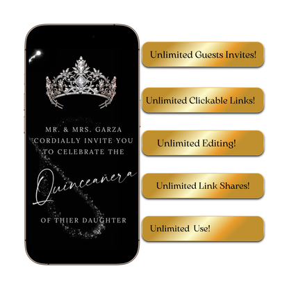 Silver Quinceanera Video Invite | Animated Sweet 15 16 Quince Evite | Editable Canva Evite Template