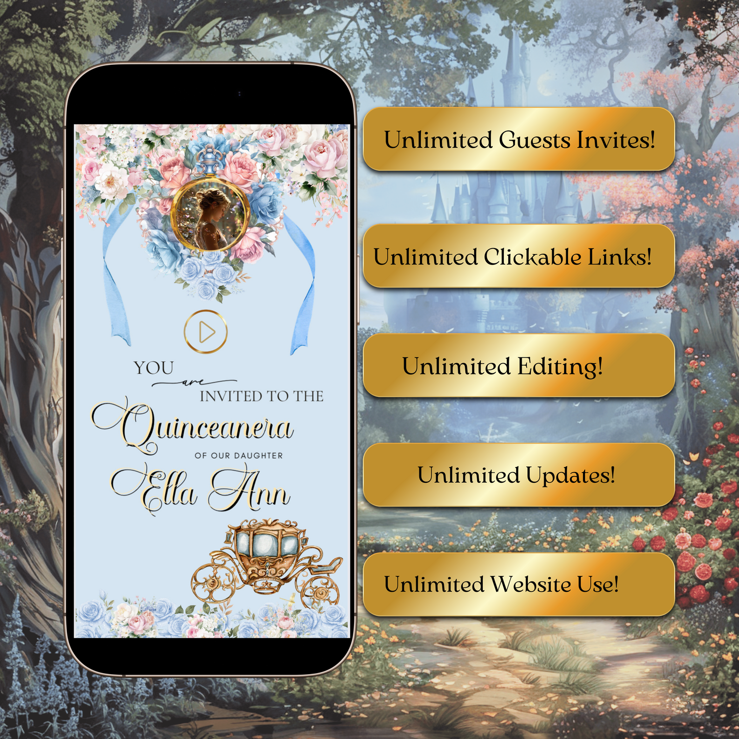 Cinderella Quinceanera Website Invite |  Sweet 15 16 Evite RSVP tracker Video Invitation | Canva Template