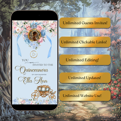 Cinderella Quinceanera Website Invite |  Sweet 15 16 Evite RSVP tracker Video Invitation | Canva Template