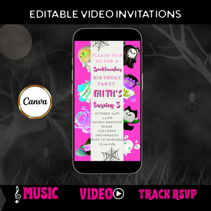 Halloween-Videoeinladung, animierte Einladung „Pink Little Monsters“, bearbeitbare mobile Einladung zur Halloween-Party