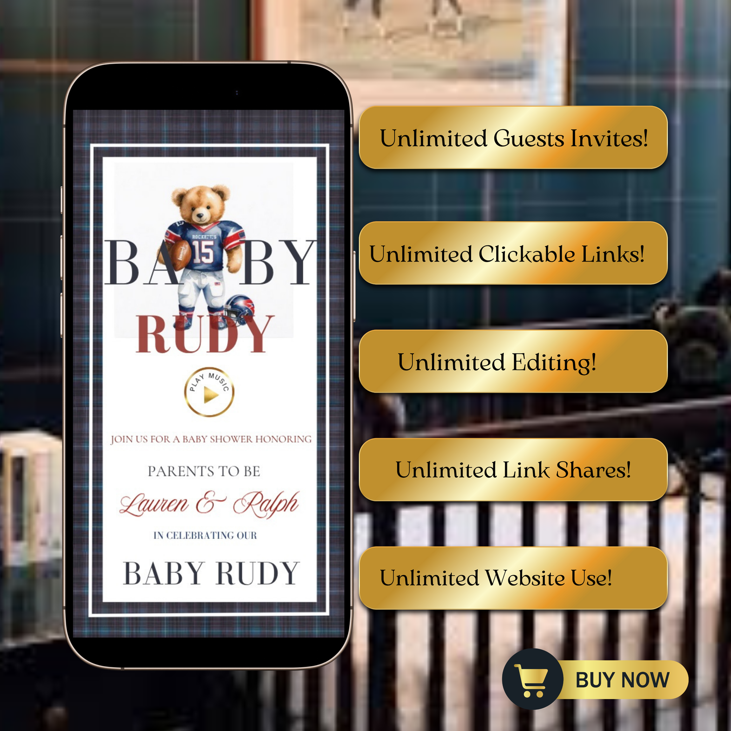 Football Polo Bear Baby Shower Invitation Website | Animated Baby Shower Invite with Rsvp tracking