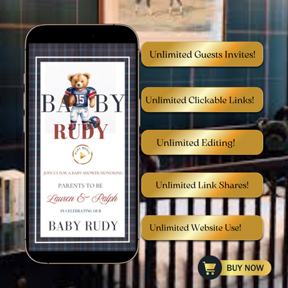 Football Polo Bear Baby Shower Invitation Website | Animated Baby Shower Invite with Rsvp tracking