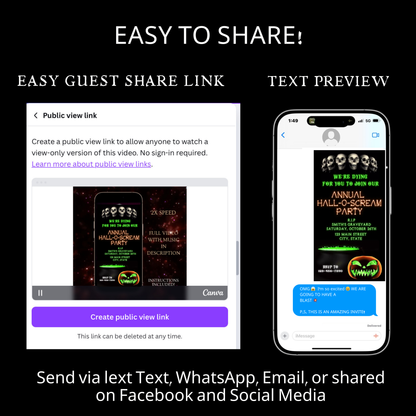 Halloween-Videoeinladung, animierte Einladung mit Totenköpfen und Skeletten, bearbeitbare mobile Einladung zur Halloween-Party