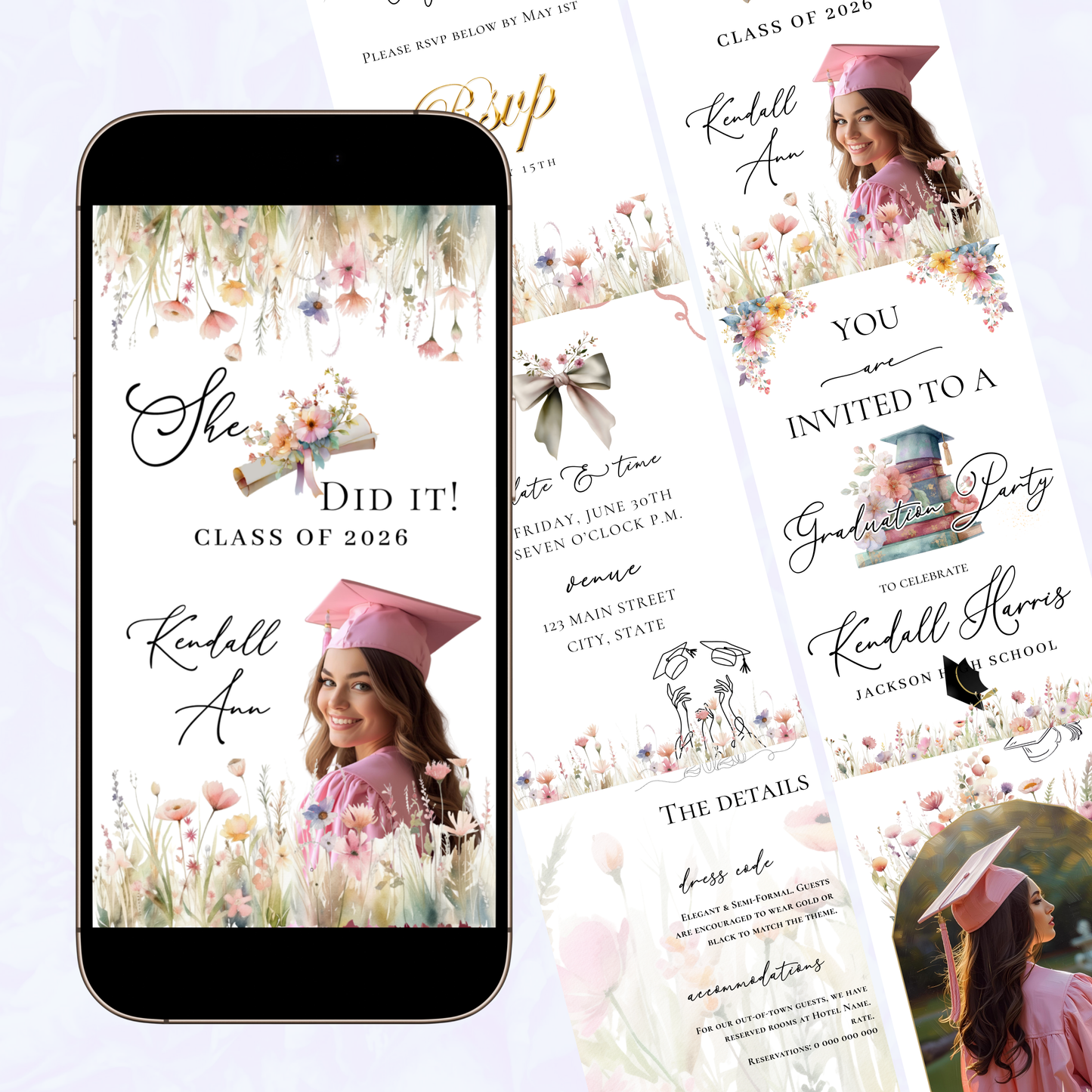 Graduation Party Video Invitation | Spring Floral Graduation Invite for Her | Editable Online RSVP Evite Canva Template