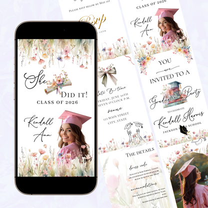 Graduation Party Video Invitation | Spring Floral Graduation Invite for Her | Editable Online RSVP Evite Canva Template