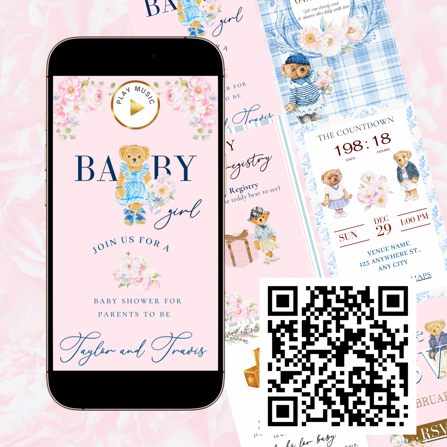 Einladung zur Babyparty mit Polo-Bär | Interaktive RSVP-Website | Bearbeitbare Canva-Vorlage