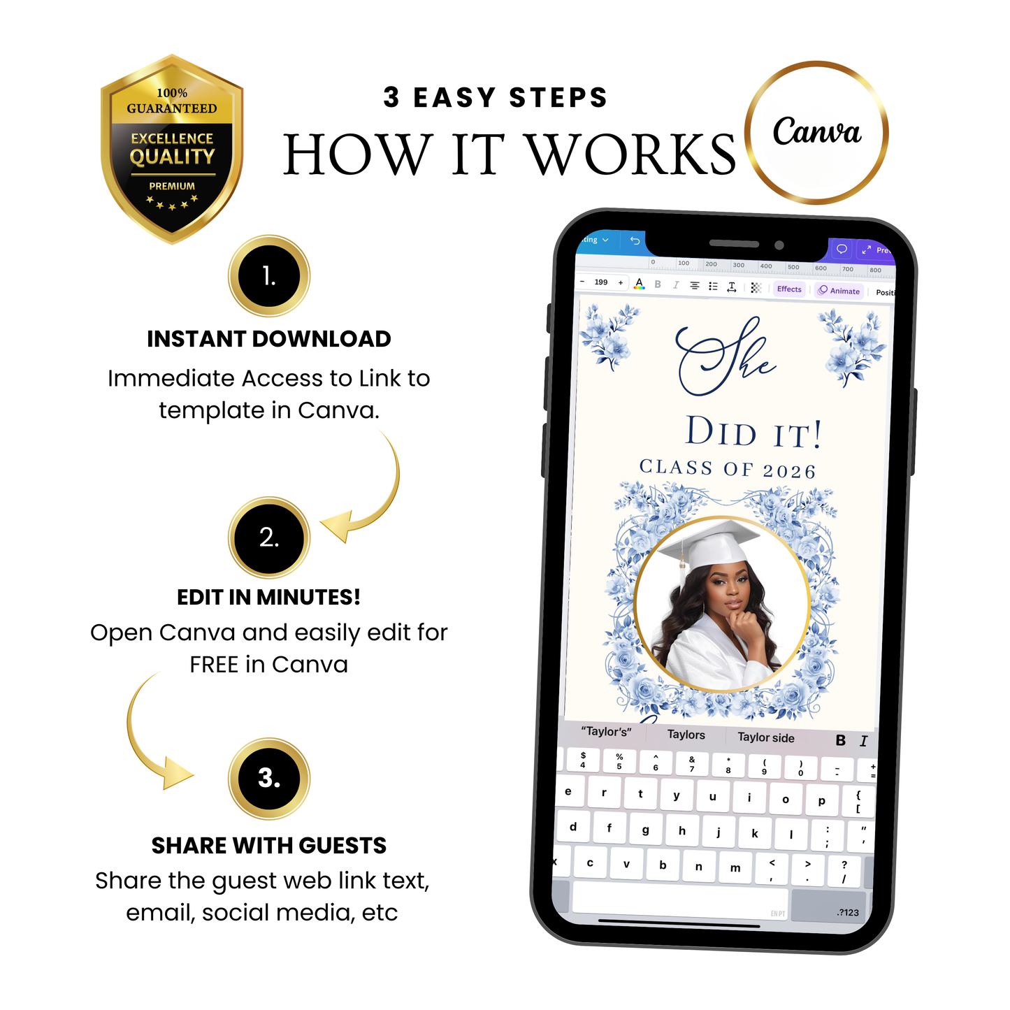 Graduation Party Video Invitation | Floral Graduation Invite for Her | Editable Online RSVP Evite Canva Template