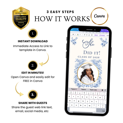 Graduation Party Video Invitation | Floral Graduation Invite for Her | Editable Online RSVP Evite Canva Template