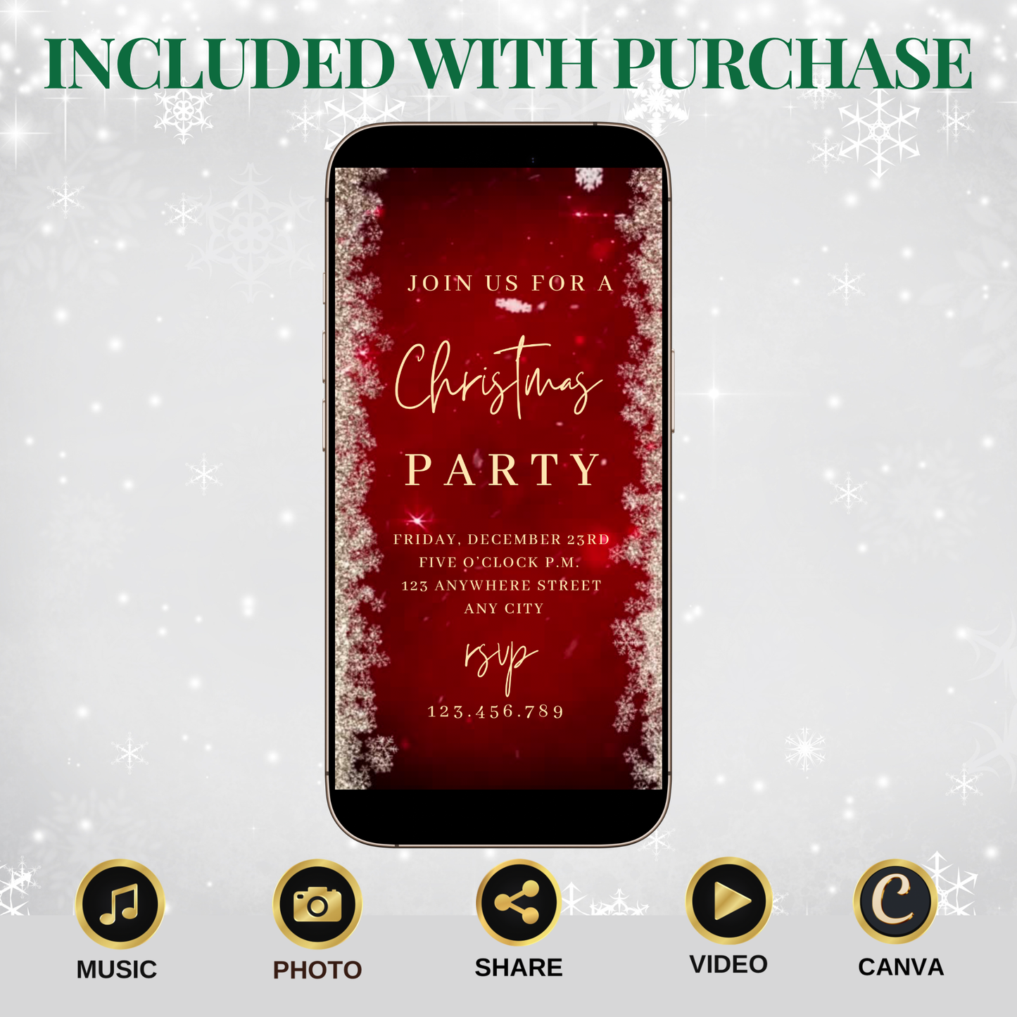 Editable Snowflake Video Invitation Template | Mobile Animated Christmas Invite | Canva Evite Download – Hostessy