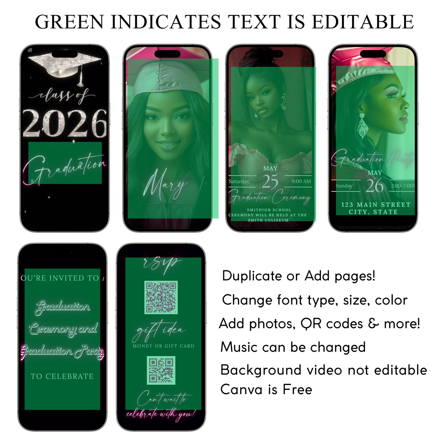 2026 Graduation Party Video Invitation | Digital Pink Graduation Invite | Editable Online RSVP Evite Canva Template