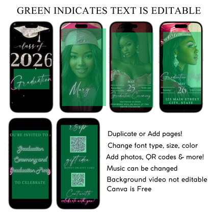 2026 Graduation Party Video Invitation | Digital Pink Graduation Invite | Editable Online RSVP Evite Canva Template