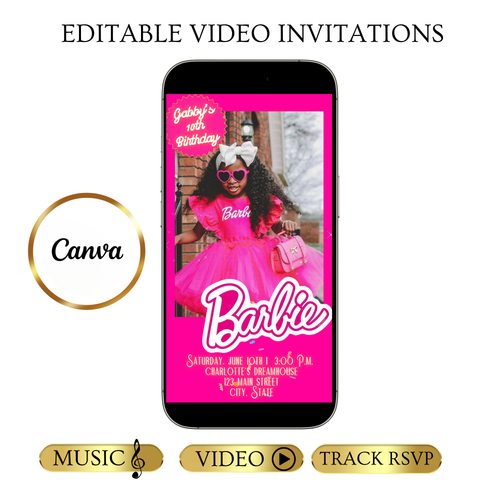 Editable Barbie Video Invitation | Animated Pink Barbie Digital Evite | Editable Canva Invite Template