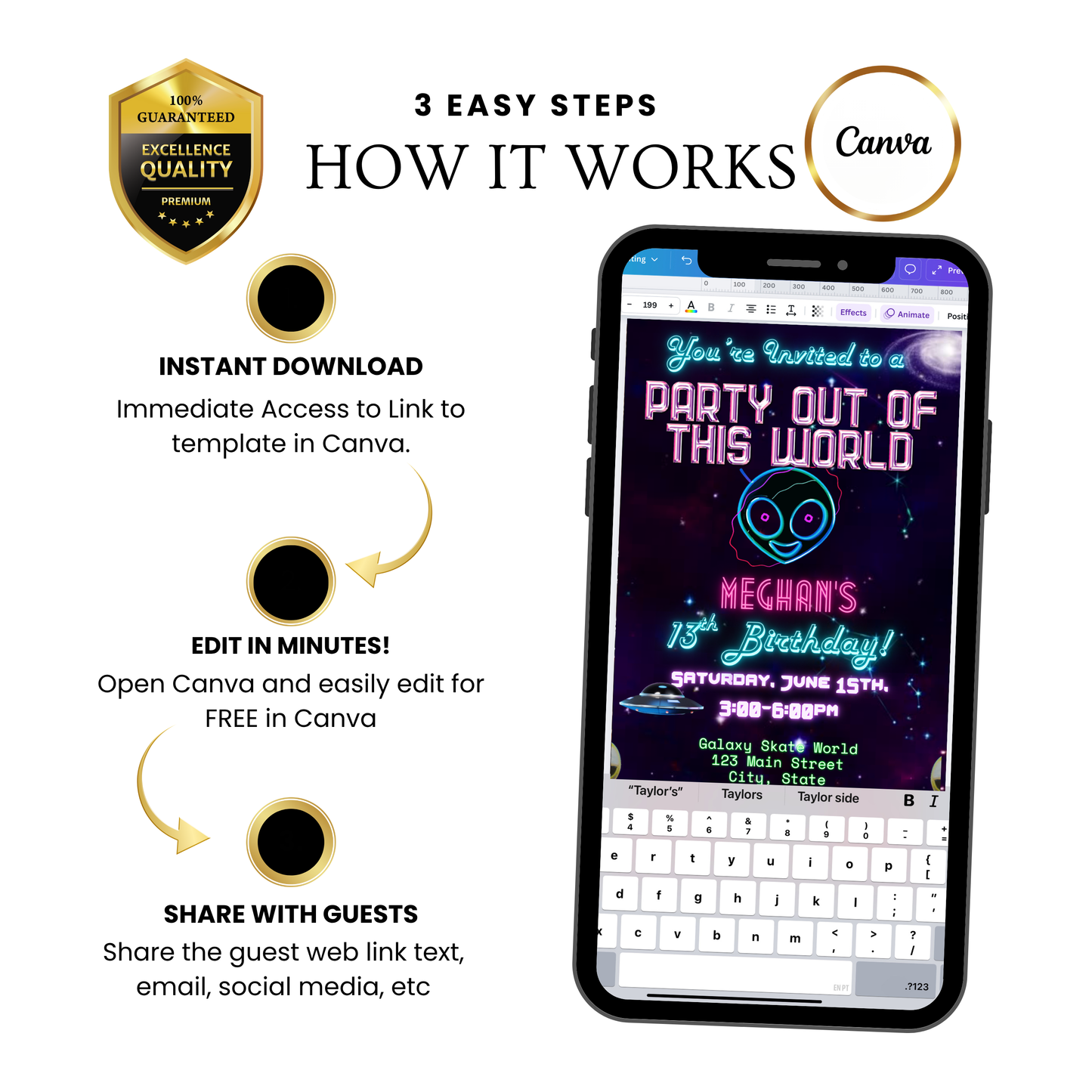 Party Out of This World Alien Birthday Invitation | Mobile Animated Alien Invite | Editable Canva Template