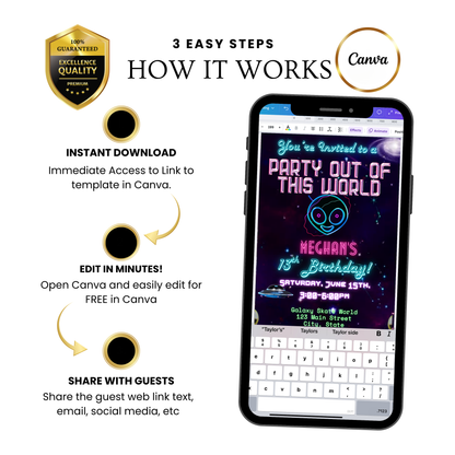 Party Out of This World Alien Birthday Invitation | Mobile Animated Alien Invite | Editable Canva Template