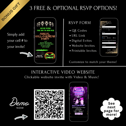 Halloween-Videoeinladung, animierte Einladung mit Totenköpfen und Skeletten, bearbeitbare mobile Einladung zur Halloween-Party