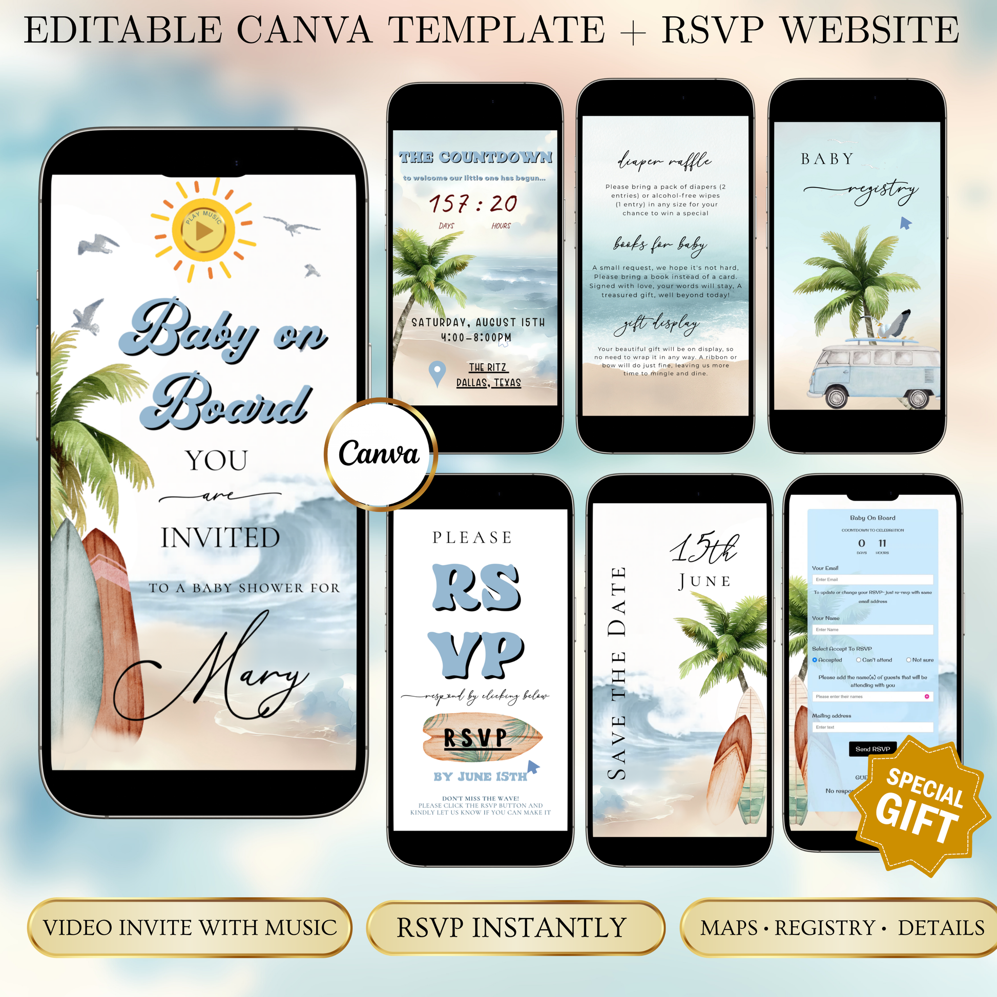 Baby on Board Website Invitation | Canva Website RSVP Template with Music | Boy Baby Shower