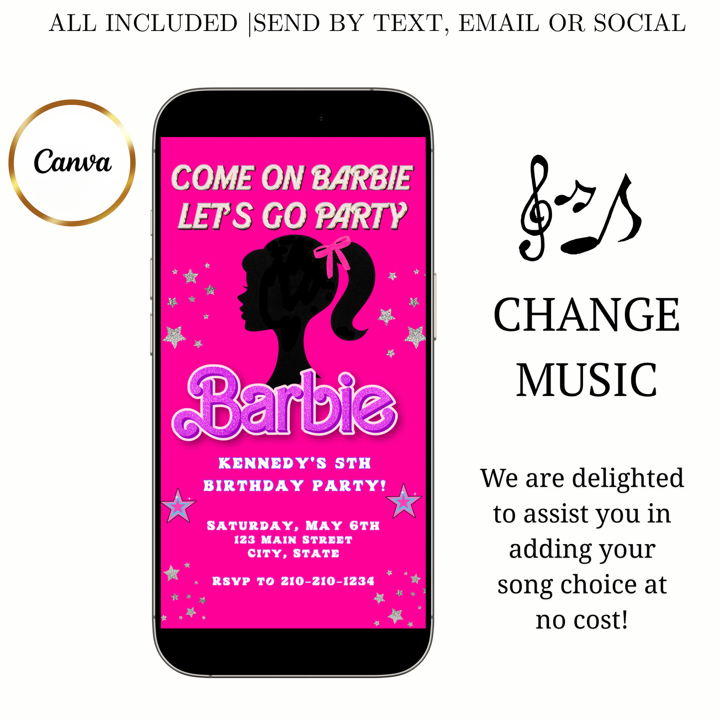 Editable Barbie Video Invitation | Animated Pink Barbie Digital Evite | Editable Canva Invite Template