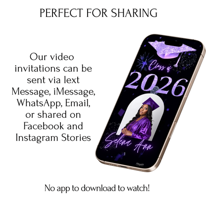 Graduation Party Video Invitation | Purple and Black Graduation Invite for Her | Editable Online RSVP Evite Canva Template