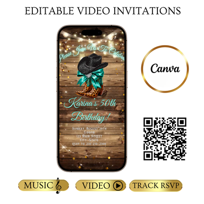 Turquoise Boots and Bling Video Invitation | Rustic Western Theme Digital Evite | Editable Canva Template