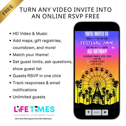 Bearbeitbare Coachella-Videoeinladung | Animierte Geburtstagseinladung für mobile Musikfestivals | Canva-Videoeinladungsvorlage