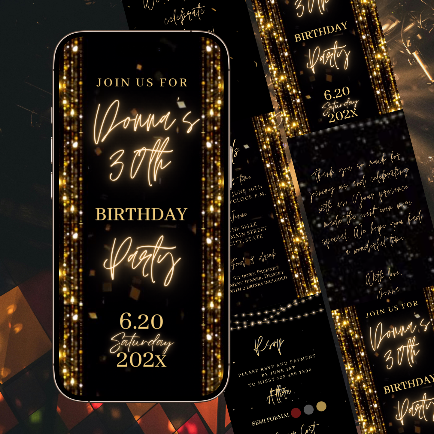 Gold Birthday Dinner Video Invitation | Digital Luxe Birthday Mobile Invite | Editable Animated Gold Glitter