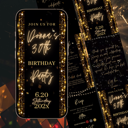 Gold Birthday Dinner Video Invitation | Digital Luxe Birthday Mobile Invite | Editable Animated Gold Glitter