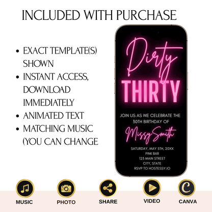 Editable 30th Birthday Video Invitation | Mobile Animated Dirty Thirty Evite | Canva Video Evite Download