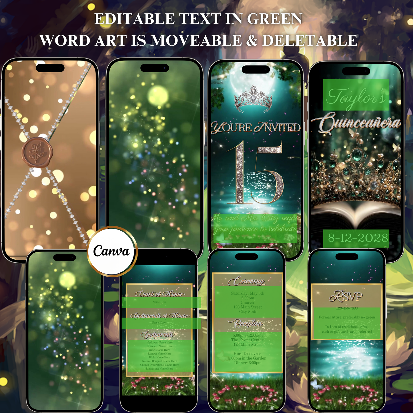 Enchanted Forest Quinceanera Video Invitation Princess and the frog Animated Invite Editable Canva Template Invite