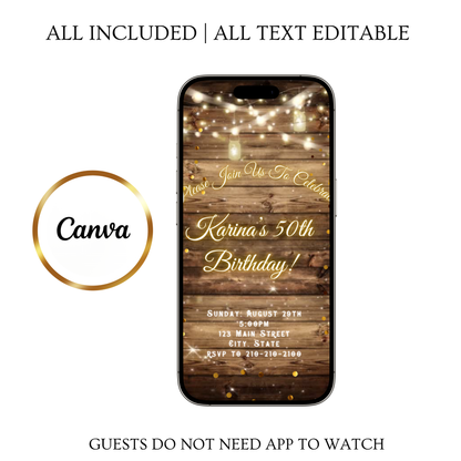 String Lights Video Invitation | Western Theme Digital Evite | Editable Canva Template