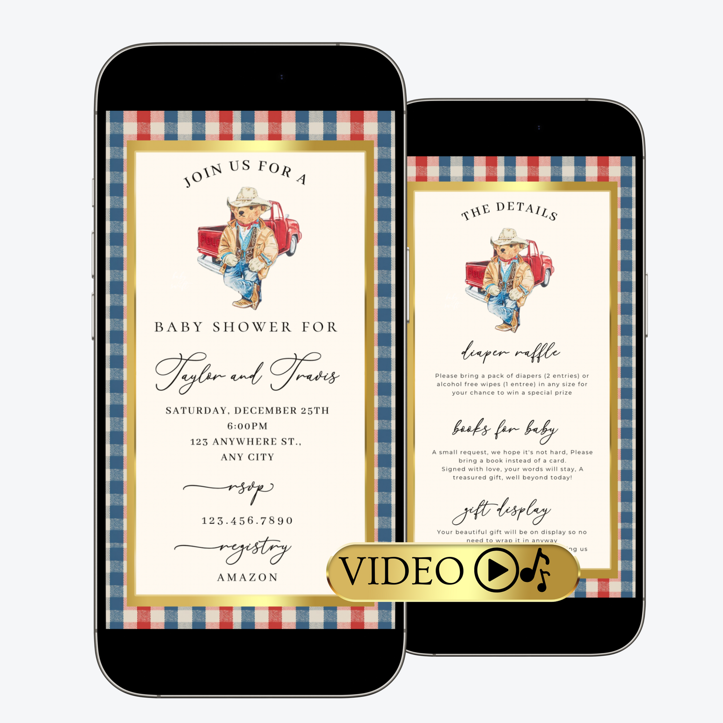 Western Polo Bear Baby Shower Video Invitation | Digital Preppy Plaid Invite | Editable Canva Template