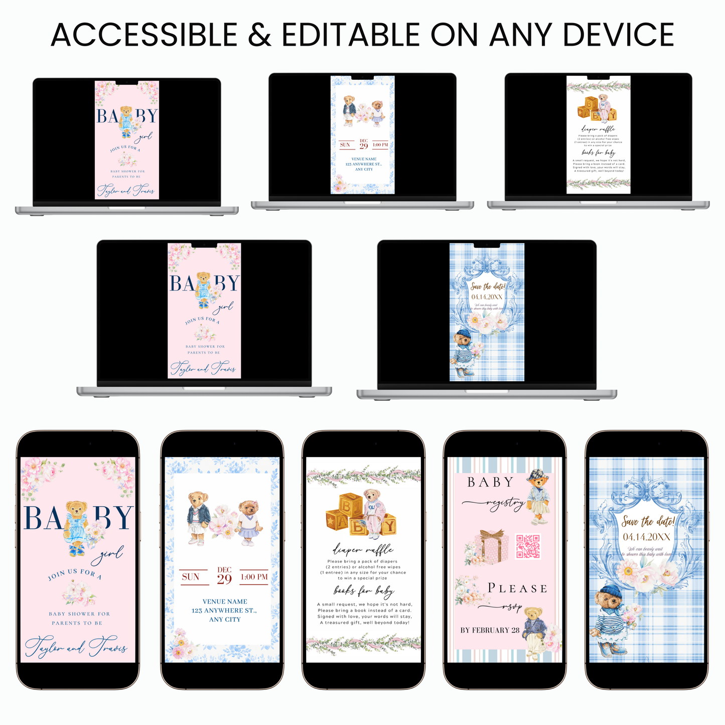 Video-Einladung mit rosa Polobär | Digitale, elegante Frühlingseinladung in Rosa | Bearbeitbare Canva-Vorlage