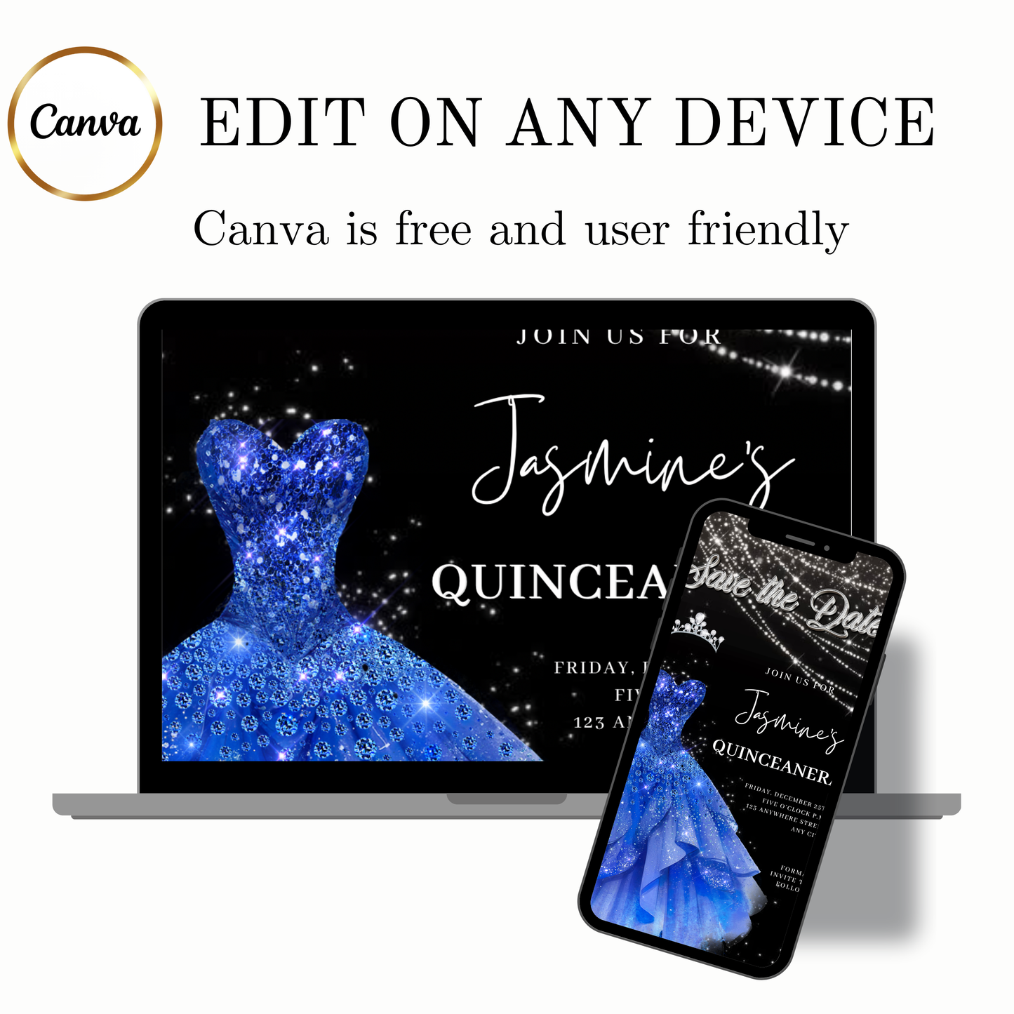 Royal Blue Quinceañera Video Invite | Sweet 15 16 Quince RSVP Tracker | Editable Save the Date Canva Evite Template