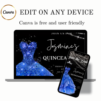 Royal Blue Quinceañera Video Invite | Sweet 15 16 Quince RSVP Tracker | Editable Save the Date Canva Evite Template