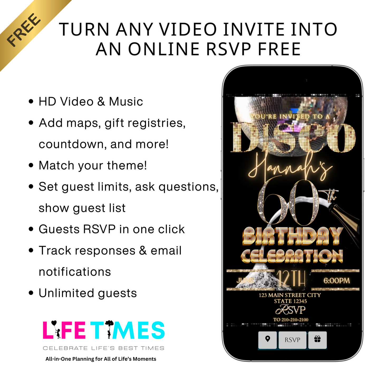 Disco 60th Birthday Party Video Invitation | Champagne Disco Theme Digital Evite | Editable Canva Template