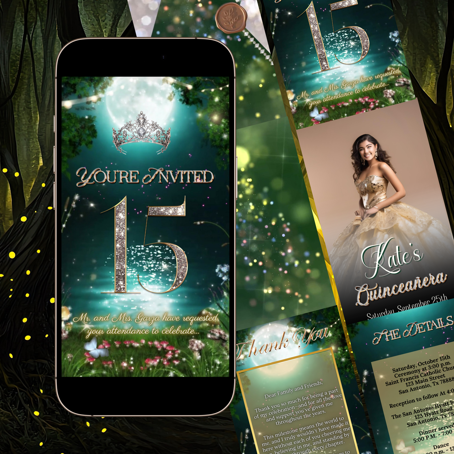 Quinceañera Video Invitation | Enchanted Forest Video Invite | Green Sweet 16 Evite | Editable Canva Template