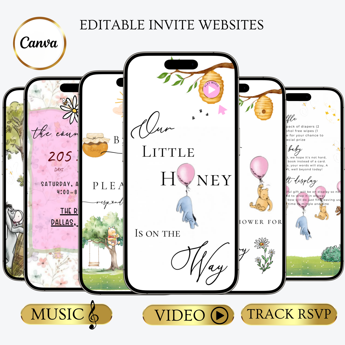 Winnie the Pooh Baby Shower Website with RSVP | Pink Girl Canva Template Invite