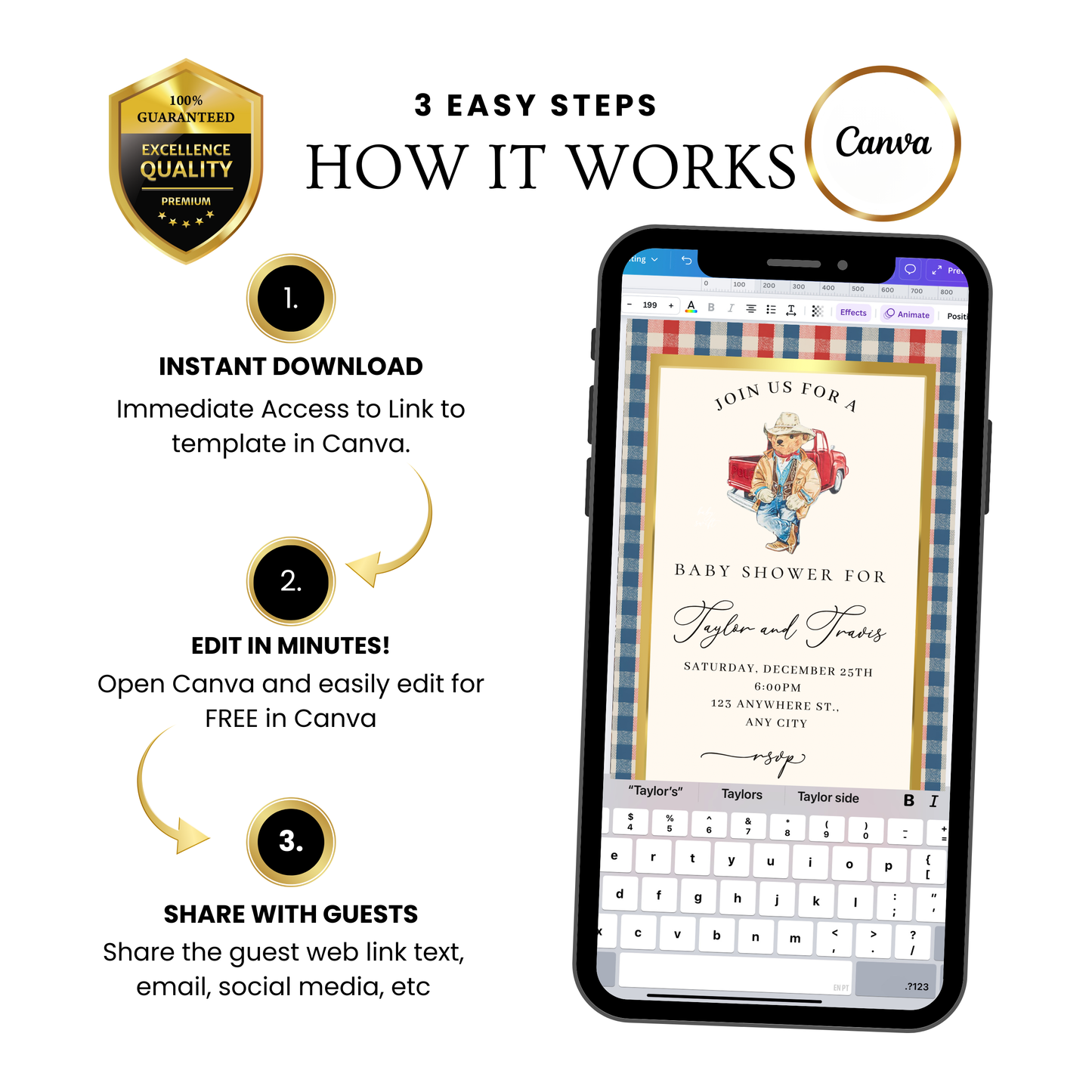 Western Polo Bear Baby Shower Video Invitation | Digital Preppy Plaid Invite | Editable Canva Template