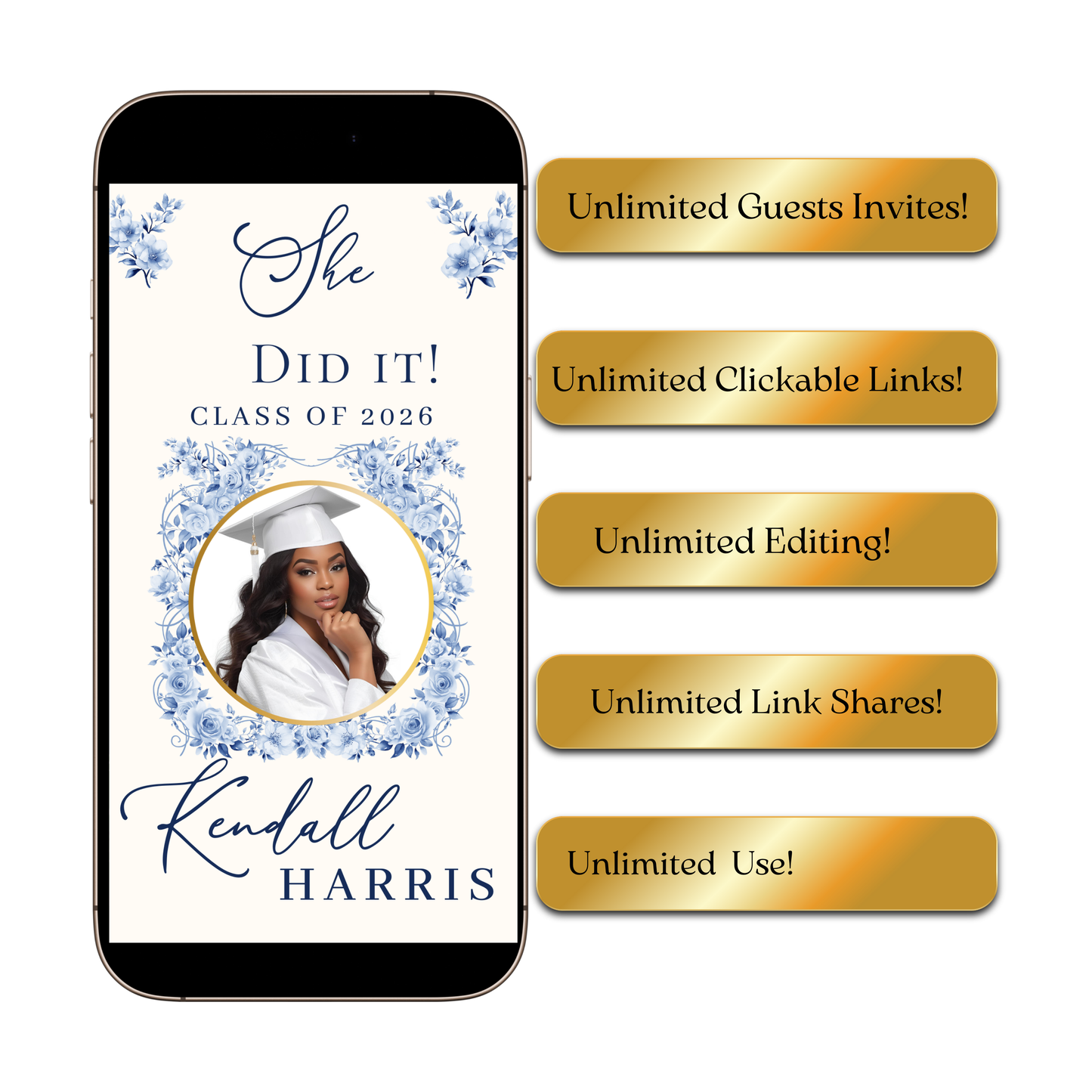 Graduation Party Video Invitation | Floral Graduation Invite for Her | Editable Online RSVP Evite Canva Template