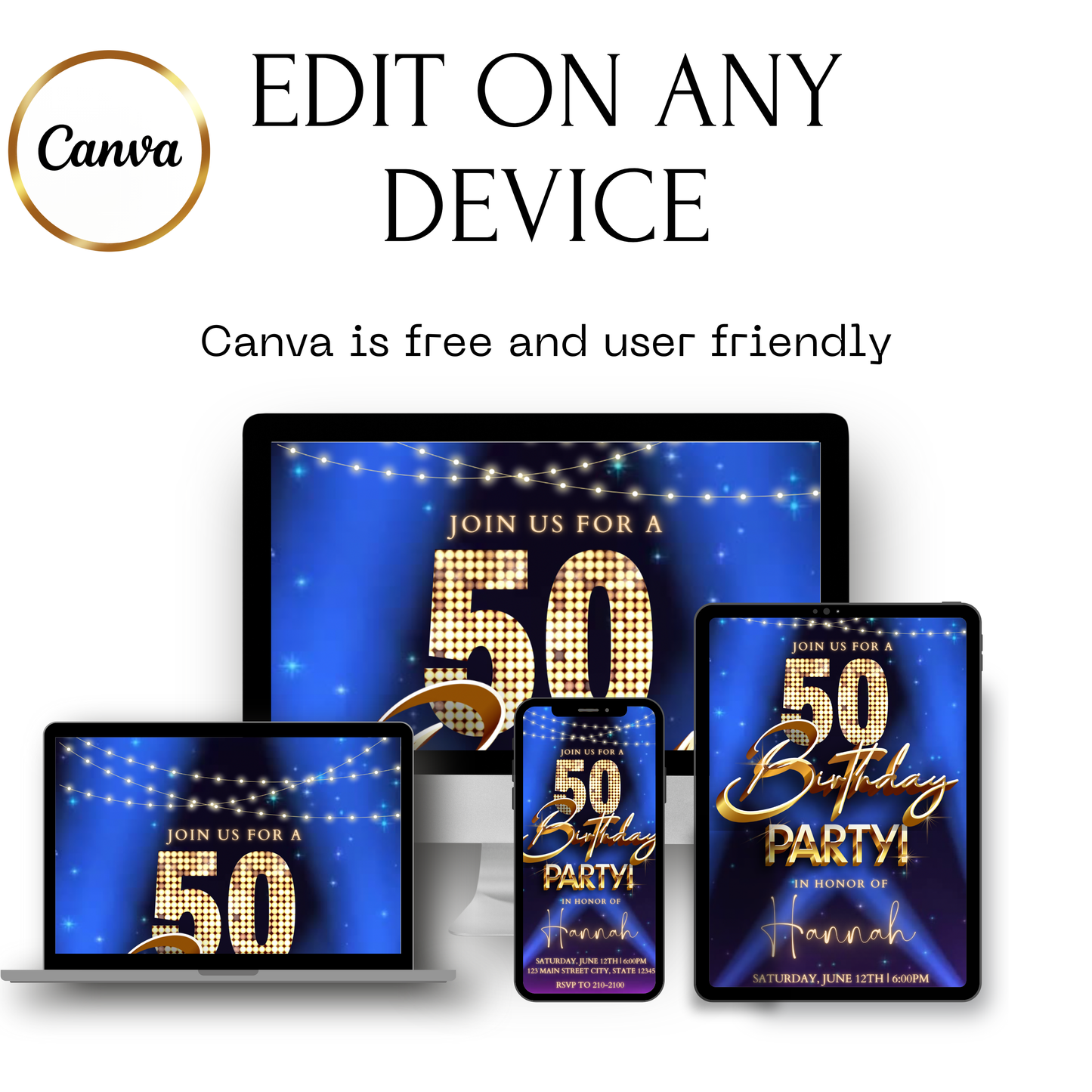 50th Birthday Party Video Invitation | Digital Hollywood Animated Invite | Editable Canva Evite Template