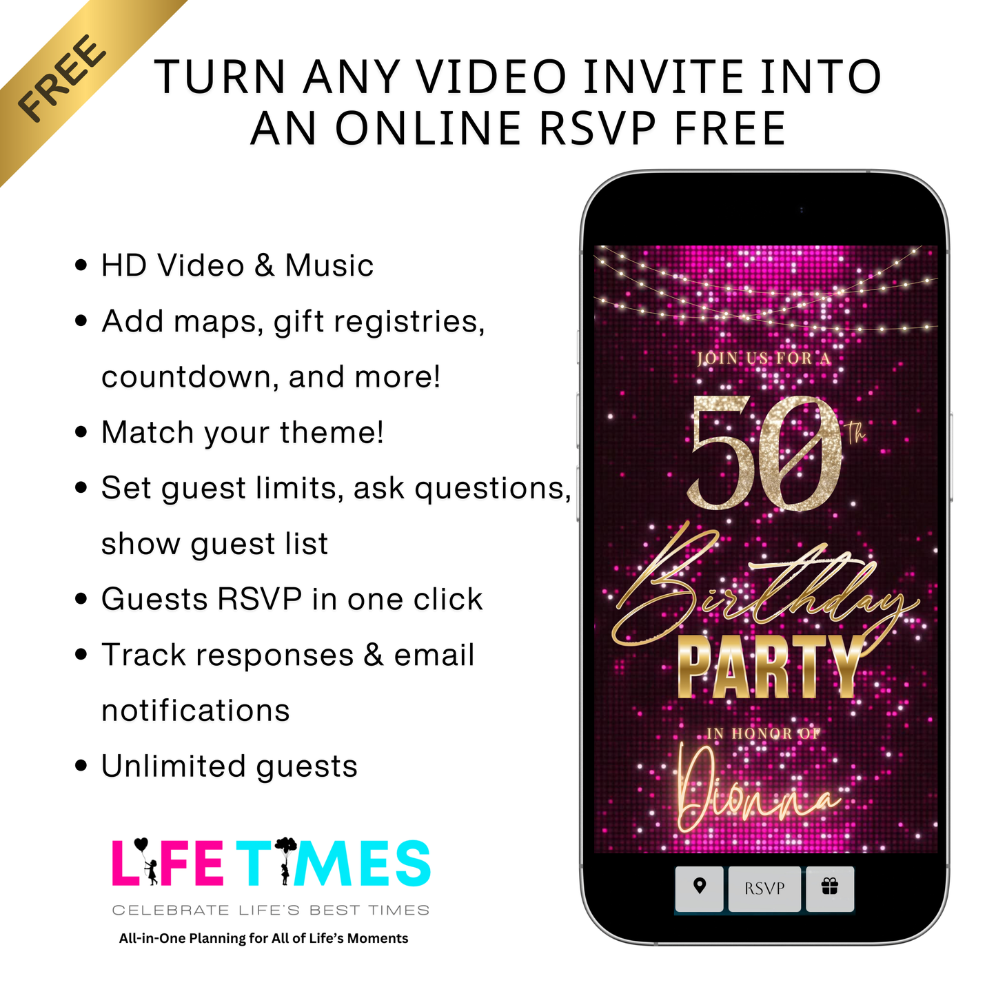 Violet and Gold 50th Birthday Video Invitation –  RSVP tracking website - Editable Canva Animated Invite