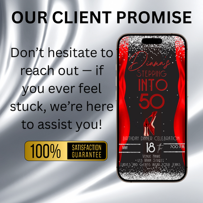 Stepping Into My Birthday Video Invite | Red Heel Birthday Digital Evite | Editable Canva Invite Template