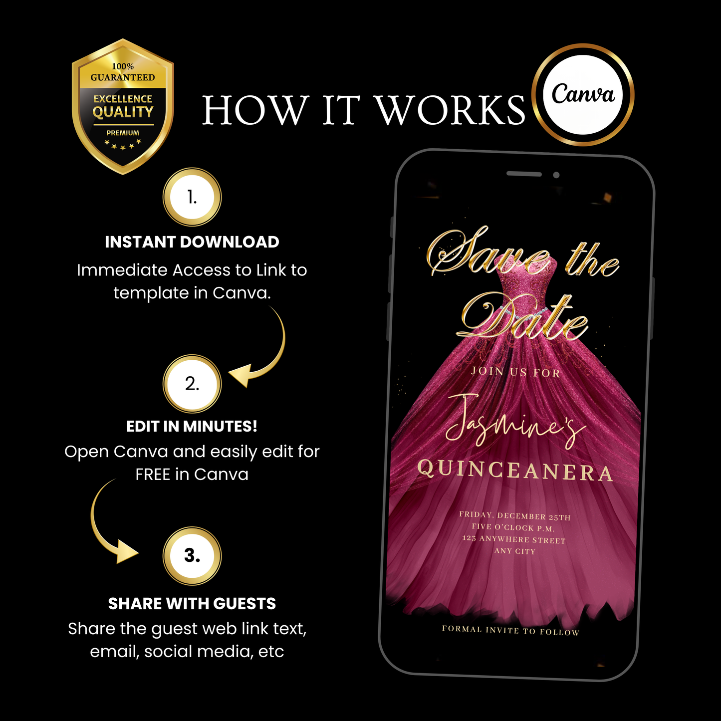 Maroon Quinceanera Video Invite | Sweet 15 16 Quince RSVP Tracker | Editable Canva Evite Template