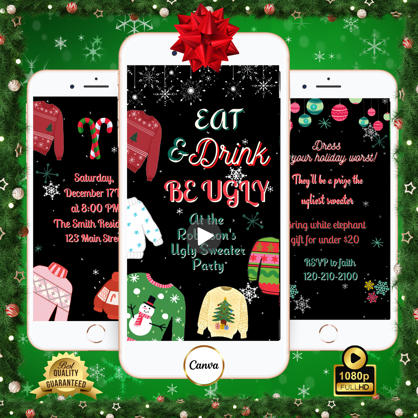 Ugly Sweater Party Video Invitation | Christmas Party Digital Invite | Editable Canva Evite Template